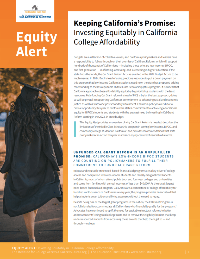 Cover image of Equity Alert: Investing Equitably in California College Affordability.