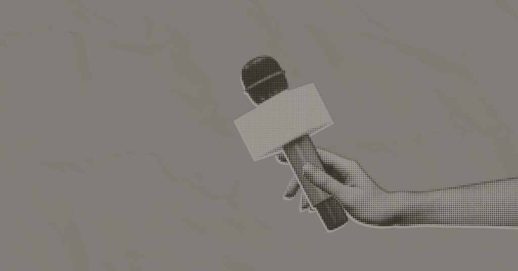Illustration of a hand holding a microphone with a blank label, on a textured gray background