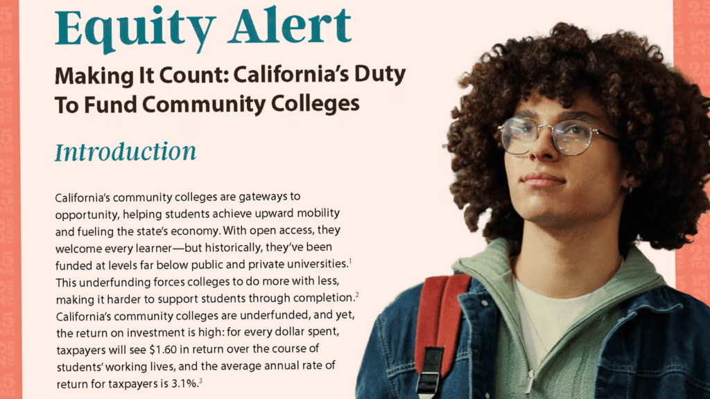 Graphic titled ‘Equity Alert: Making It Count—California’s Duty to Fund Community Colleges’ alongside a person with curly hair wearing glasses, a denim jacket, a hoodie, and a red backpack strap, standing against a neutral background with introductory text about community college funding.