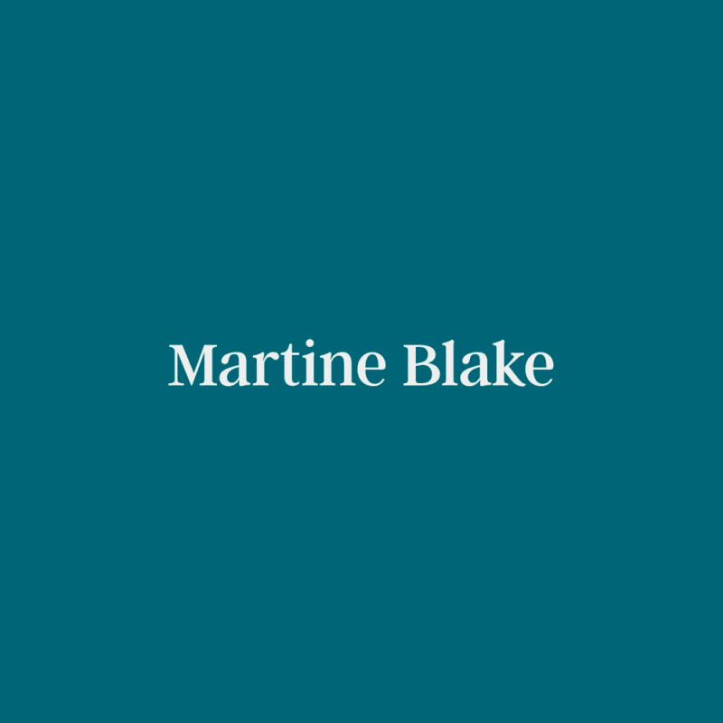 Teal background with centered white text reading “Martine Blake.”